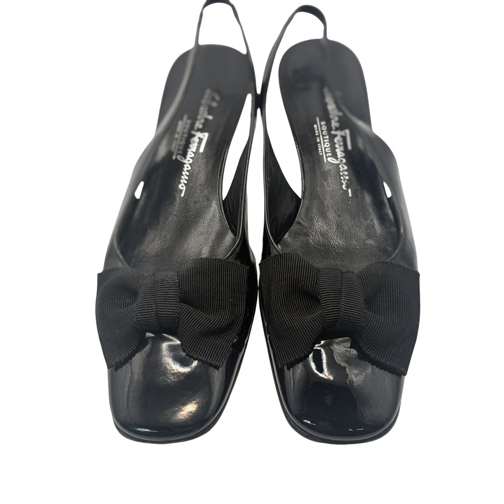 Salvatore Ferragamo Black Patent Leather Vara Bow Slingback Pumps 7.5 B Italy